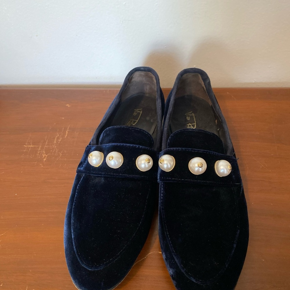 Luxurious Navy Velvet Loafers with Pearl Accents